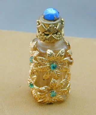 Vintage Czech Austria Jeweled Glass Gilt Gold Miniature Perfume Bottle