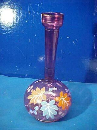 19thc Victorian Era Cranberry Glass Barbers Bottle W Hand Painted Leaves Design