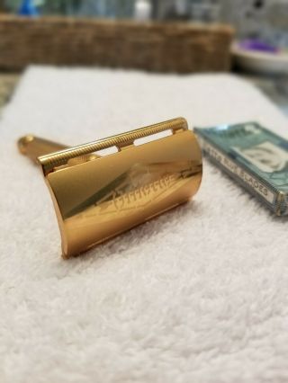 Gillette Vintage Gold Tone Safety Razor Shaver Made In The Usa With Blades