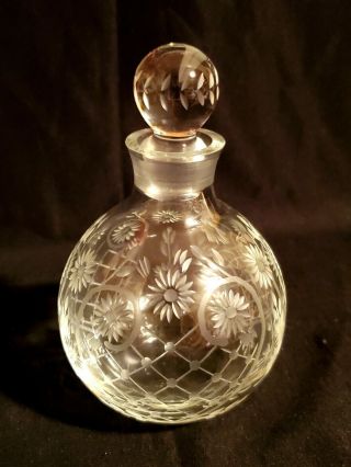 Heavy Floral & Lattice Etched Glass Perfume / Scent Bottle –