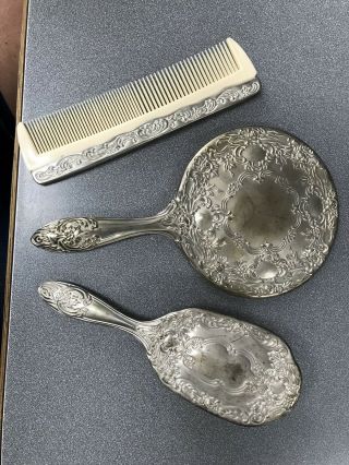 Vintage Silver Plated 1950s Mirror,  Comb,  Brush Vanity Set In Euc