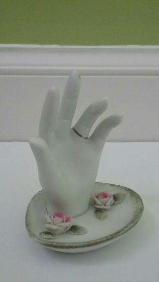 Vintage Hand Dish Ring Holder Trinket Dish With Pink Roses Vanity Collectible