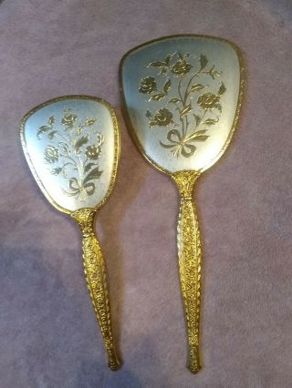 Vintage Gold Finish Hand Held Vanity Mirror And Brush Set