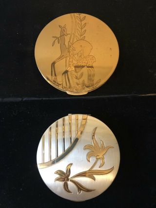 Two Large Vintage Compacts Gold And Silver