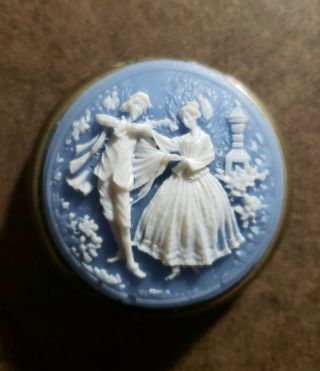 Vintage Gold Tone Pill Box Carved Raised Cameo Shell Victorian Lady Motif
