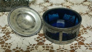 Vintage Japan Cobalt Blue Glass W Pewter Silver Finish Overlay Powder Jar W Lid
