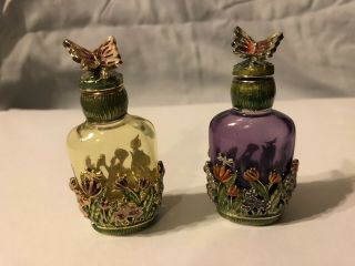 Vintage Monet Blue Glass Perfume Bottle Enamel Butterfly Flower Garden 3 "