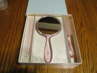 Vintage Little Miss 3 Pc Childs Pink Plastic Vanity Set Brush Comb Mirror Mib