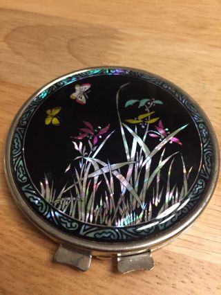 Vintage Handheld Mirror Compact Black With Butterfly Deisgn