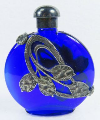 Vintage Cobalt Blue Glass & Metal Leaf & Peridot Gemstone Perfume Bottle - Mark