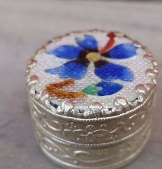 Quality Vintage Enamel Small Silver Trinket Pill Stash Box With Mirror 1.  25 " Jar