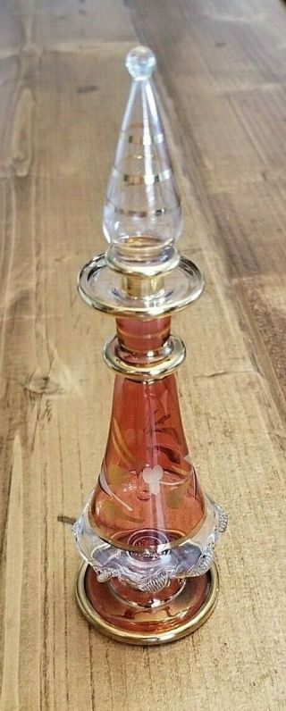 Egyptian Art Glass Hand Blown Perfume Bottle W/ Stopper Dabber Pink Gold Trim