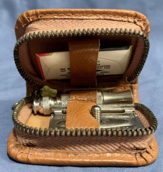 Vintage Gillette 3 Piece Portale Razor In Leather Travel Case Hong Kong