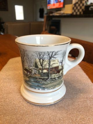 Vintage Currier Ives " Winter In The Country " Ceramic Shaving Mustache Mug Cup