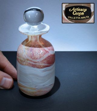 Vintage Maltese Art Glass Bottle With Stopper And Label.  Artisans Centre Valetta