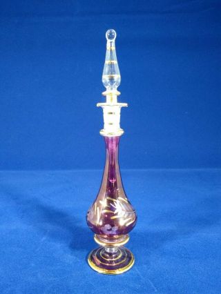 Cranberry Flash Wheel Cut Glass Perfume Bottle With Gold Trim