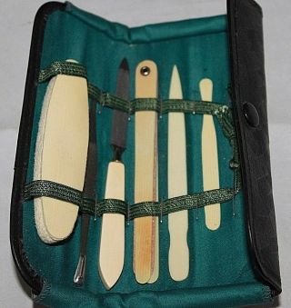 Vintage 7 - Pc Celluloid? Travel Manicure Set W/ Blk Leatherette Case,  Vguc