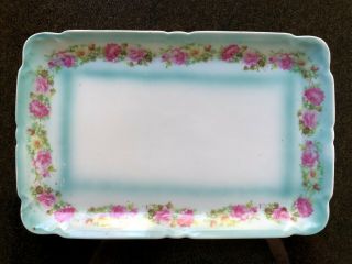 Antique Dresser Tray With Floral Border Teal Unmarked Scalloped Edge