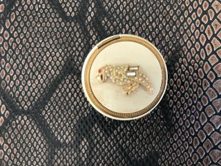 Vintage Art Deco Evans Gold Tone Compact Parrot Rhinestones Tiny Pearls