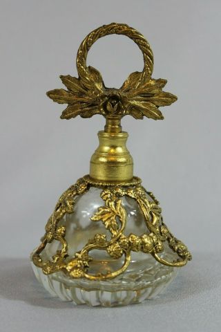 Vintage Vanity Perfume Bottle Glass Brass Floral Overlay Flora Stopper Dauber