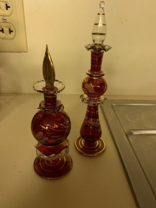 2 Vintage Cranberry And Gold Colored Hand Blown Glass Perfume Bottles W/stopper