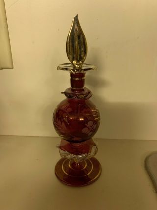 2 Vintage Cranberry and Gold Colored hand blown Glass Perfume Bottles w/Stopper 2