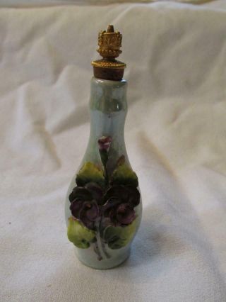 Vintage German Porcelain Perfume Bottle - Green W/violets - 2 - Part Sprinkle Top