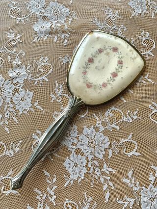 Vintage 13 " Hand Held Vanity Mirror Silver & Gold Thread Floral Brocade