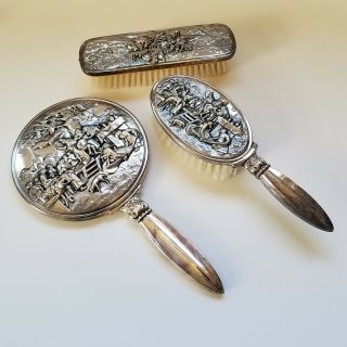 Silver Plated Repousse 3 Piece Mirror Brush Vanity Set Hans Jensen Vintage
