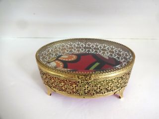 Vintage Oval Brass Tone Filigree Beveled Glass Jewelry Trinket Box Vanity Cask