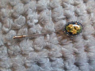 Vintage Hat Or Stick Pin With Dried Flowers Under Glass Navy Yellow Flowers