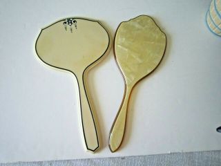 2 Vintage Art Deco Large Hand Held Celluloid Beveled Mirrors 13 " And 14 " Long