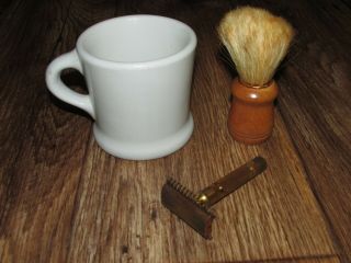Vintage Hall Shaving Mug With Gillette Safety Razor & Brush,  Pre Owned,