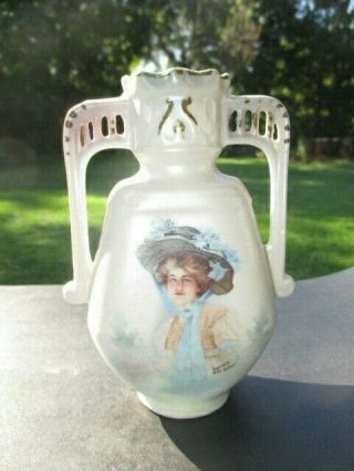 1907 Small Hatpin Vase Artist Signed Victorian Fashion Lady Matte White 5 "