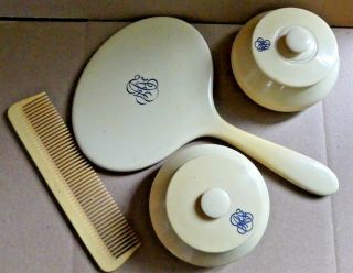 Vintage Pyralin Py - Ra - Lin Vanity Set Mirror Comb Hair Receiver Powder Box