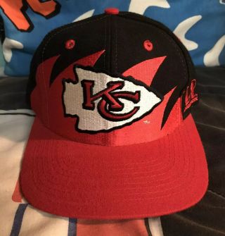 Vtg 90s Kansas City Chiefs Logo Athletic Black Sharktooth Snapback Hat Cap Nfl