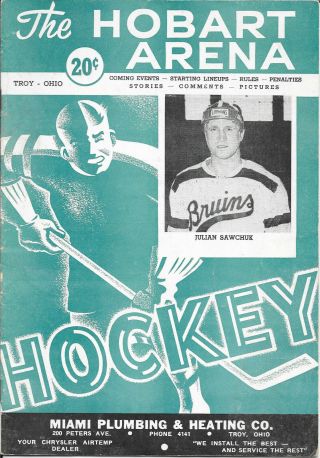 1951 1st Year Ihl Troy Bruins V Toledo Mercurys Hobart Arena Hockey Game Program