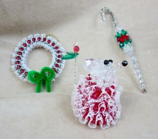 3 Vintage Plastic Bead Handmade Christmas Ornaments Mouse,  Wreath,  Candy Cane