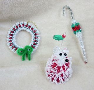 3 Vintage Plastic Bead Handmade Christmas Ornaments Mouse,  Wreath,  Candy Cane 2