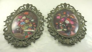 2 Vintage Victorian Look Metal Picture Frames,  Floral With Bubbled Glass