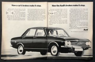 Vintage 1970 Audi 100 Ls Print Ad - 2 Pages - German Car - Disc Brakes - Classic
