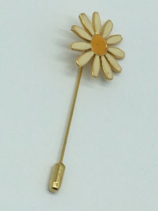 Vintage Gold Tone White Enamel Daisy Flower Stick Pin