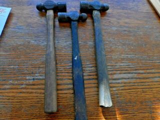 3 vintage ball peen hammers/wooden handles - 2 8oz & 1 10 oz. 2