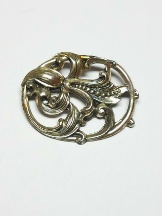 Vintage Jewelart Sterling Silver Repousse Floral Flower Leaf Brooch Pin