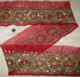 Vintage Antique Border Sari Trim Lace Rare Old 2 Ft T1821 Red Sequins Abjco