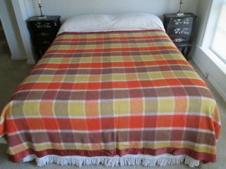 Vtg Acrylic Orange Yellow Brown Plaid Bed Blanket Satin Trim 72 X 80 "