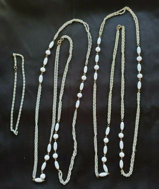 3 Vintage White Enameled Metal Chain Necklace White Plastic Beads Flapper Gt