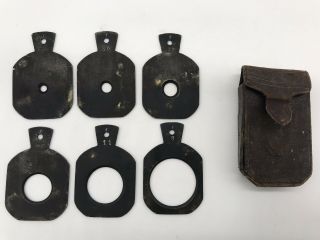 Antique Camera Lens Metal Aperture Holes Set Of 6 In Leather Box Vintage