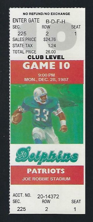 1987 Nfl England Patriots @ Miami Dolphins Full Football Ticket