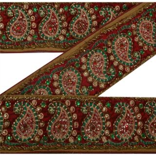 Sanskriti Vintage Deco Sari Border Hand Beaded Craft Sewing Green Trim Zari Lace